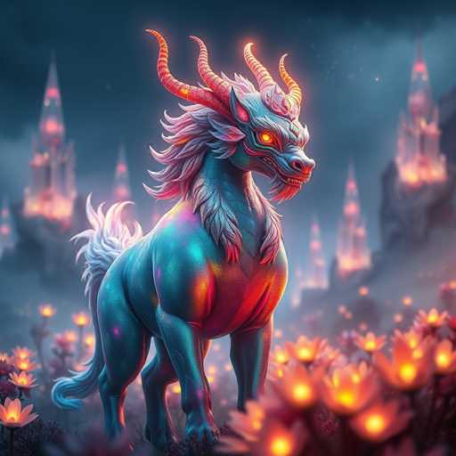 The image depicts a fantastical creature that appears to be a fusion of a dog, horse, and dragon, standing in a mystical field. The creature has a striking blue body with a white mane and a white tail. Its face is adorned with glowing orange eyes and a beard, and it features four prominent horns—two on each side of its head. The creature's body is covered in scales, adding to its mythical appearance. Surrounding the creature are glowing orange flowers, which cast a warm light over the scene. In the background, there are several tall, illuminated buildings with pointed roofs, reminiscent of castles or cathedrals, adding to the enchanting atmosphere. The sky above is a deep blue, enhancing the overall magical and otherworldly feel of the image.