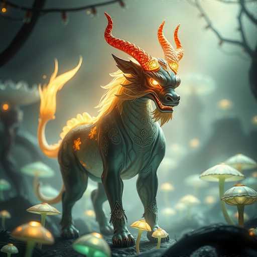 A majestic Qilin, a mythical creature with a glowing, ethereal horn, stands in a dreamlike forest. Bioluminescent mushrooms illuminate the scene with soft, glowing light, while shimmering, iridescent particles drift in a hazy atmosphere. The overall style is fantastical and otherworldly, with a soft, muted color palette and a high-resolution, detailed rendering.