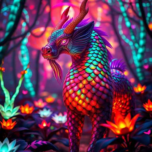 This image features a highly detailed, computer-generated depiction of a fantastical creature that appears to be a hybrid of a dragon and a horse. The creature stands in a lush, vibrant garden filled with an array of colorful flowers and plants. Its body is adorned with scales that shimmer in a rainbow of colors, including red, orange, yellow, green, blue, and purple. The creature's head is turned to the left, showcasing its striking yellow eyes and a long, flowing beard that matches the scales on its body. Two prominent horns extend from its head, adding to its mythical appearance. The background is a dreamy blur of pink, purple, and blue hues, with hints of green and blue plants, creating an enchanting and otherworldly atmosphere.