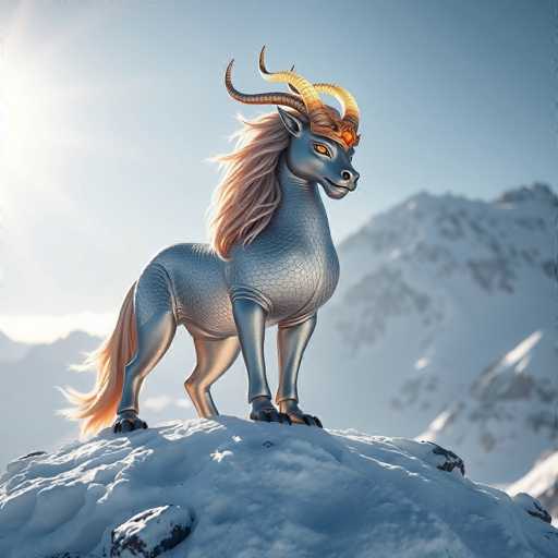 The image depicts a fantastical creature that appears to be a blend of a unicorn and a horse, with a slight resemblance to a cow. The creature has a striking blue face and a body adorned with silver scales, giving it a unique, mythical appearance. Its mane and tail are a vibrant orange, adding a splash of color to its otherwise metallic body. The creature is positioned on a snowy hill, with a majestic mountain in the background. The sky is a clear blue, and the sun shines brightly, casting a warm glow over the scene. The creature's eyes are a vivid yellow, and it wears a golden crown with a red jewel, enhancing its regal and magical aura. The overall atmosphere of the image is serene and enchanting, with the creature standing proudly in its wintry environment.