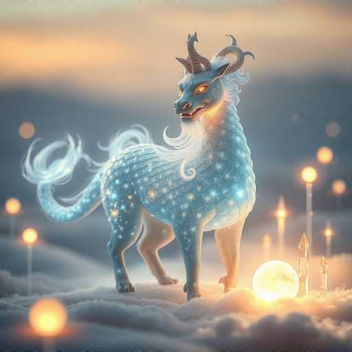 A majestic Qilin, shimmering with starlight-like scales on a soft, cloud-like plain, stands amidst glowing orbs and delicate crystalline spires. The dreamy, otherworldly scene evokes a serene beauty with its soft focus and ethereal lighting.
