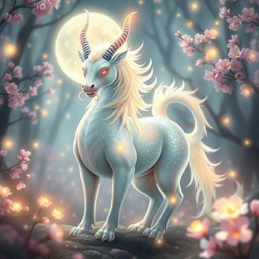 The image depicts a fantastical creature that appears to be a blend of a goat, unicorn, and horse. The creature has a light blue body adorned with white spots and a flowing white mane and tail. Its most striking features include two spiraled horns that transition from blue to red, glowing orange eyes, and a pink tongue. The creature stands on all fours on a rocky surface, facing left, with its tail curled behind it. The background is a mystical nighttime forest filled with pink cherry blossom trees and glowing yellow lights that resemble fireflies. A large, full moon is visible in the top left corner, casting a serene glow over the scene. The overall atmosphere is enchanting and otherworldly, with the creature appearing both magical and slightly menacing.