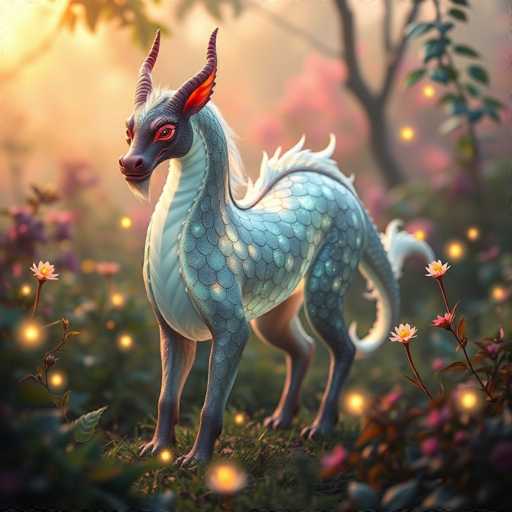 This image depicts a fantastical creature that appears to be a hybrid between a dragon and a horse, standing in a lush, magical forest. The creature has a striking appearance with a bluish-gray body adorned with scales, a white underbelly, and a white mane and tail. Its face is dark gray with vivid red eyes and a distinctive goatee-like beard. The creature also features two prominent horns on its head. The forest setting is enchanting, filled with vibrant flowers, particularly pink ones, and glowing yellow lights scattered throughout the scene, adding to the mystical atmosphere. The background is slightly blurred, emphasizing the creature and the immediate foreground.