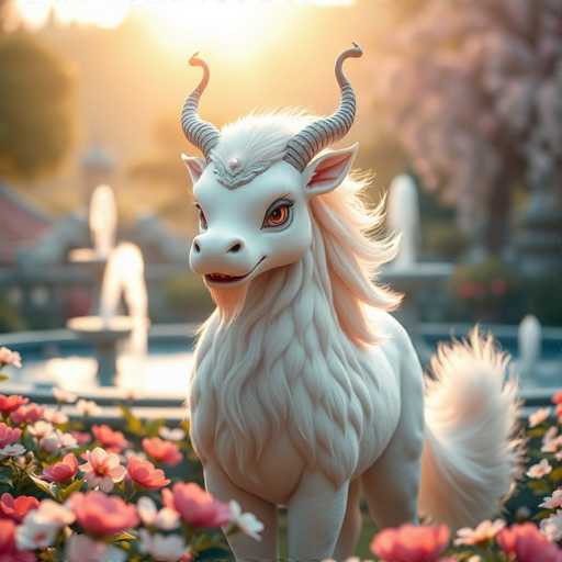 A white unicorn with large horns and a blue gem on its forehead is standing in front of a fountain surrounded by pink flowers.