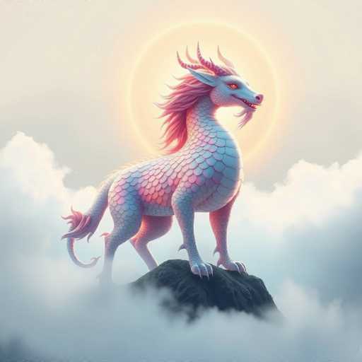 A majestic Qilin, with iridescent scales shimmering in soft light, stands proudly on a misty mountain peak. Surrounded by fluffy white clouds and bathed in a warm, golden glow, the ethereal scene evokes a sense of mythical wonder. The artwork features an ethereal, dreamlike style with soft focus and a gentle color palette, capturing the magic of this legendary creature.