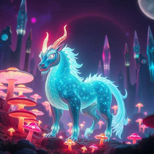 The image depicts a blue unicorn standing on a rock surrounded by mushrooms and plants with pink and purple hues. The unicorn is facing the camera directly, giving an impression of being aware of its surroundings. The background features a dark purple sky with stars scattered across it, creating a sense of depth and mystery.