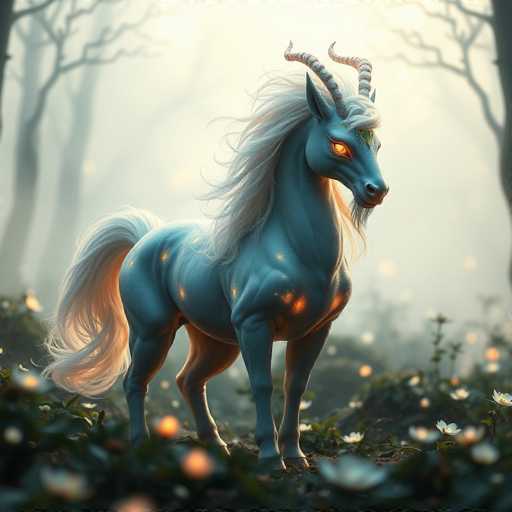 The image depicts a fantastical creature that appears to be a hybrid between a unicorn and a horse. This majestic being stands in a lush, green forest, surrounded by trees and bushes. Its body is predominantly blue, with a flowing white mane and tail. The creature's eyes are a striking golden color, and it has two spiral horns protruding from its forehead. The creature's muscular build is accentuated by glowing orange spots on its chest and legs, giving it an ethereal appearance. The forest floor is dotted with small white flowers, adding to the enchanting atmosphere of the scene. The overall composition creates a mystical and otherworldly ambiance, blending elements of fantasy and nature.