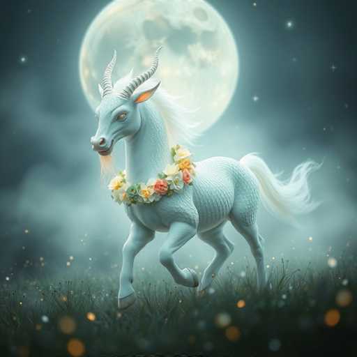 This image is a detailed, computer-generated illustration of a mythical creature that combines features of a unicorn, horse, and goat. The creature is predominantly white with a flowing white mane and tail, and it has two small, curved horns on its head. Its eyes are a striking yellowish-brown, and it has a small beard of white hair under its chin. The creature is adorned with a colorful garland of flowers around its neck, featuring hues of yellow, pink, and green. It is depicted in mid-gallop, with its front legs raised off the ground, moving through a grassy field. The background is a dark, starry night sky with a large, glowing full moon partially obscured by the creature's body. The scene is enhanced by a misty fog and scattered stars, creating a magical and enchanting atmosphere.