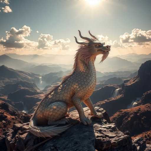 The image depicts a majestic dragon perched on a rocky outcrop, overlooking a vast and rugged mountainous landscape. The dragon, with its grayish-brown scales and long, flowing mane, sits in a regal posture, its body oriented towards the right. Its scales shimmer with a golden hue, and its long, white tail curls around its body. The dragon's face is adorned with a beard and mustache, and it has two prominent horns protruding from its head. Its piercing gaze is directed to the right, adding to its powerful presence.

The background reveals a dramatic sky filled with clouds, with the sun casting a warm glow over the scene. The mountains below are a mix of brown and gray, with some peaks dusted in white, creating a striking contrast. Scattered throughout the landscape are numerous waterfalls cascading down the mountainsides, adding to the ethereal beauty of the setting. The overall atmosphere is one of awe-inspiring grandeur, with the dragon as the focal point amidst the breathtaking natural scenery.
