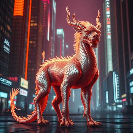 The image depicts a highly detailed, computer-generated scene of a mythical creature standing in the middle of a futuristic city street. The creature, resembling a dragon or a lion with a horse-like head, is predominantly red with orange and yellow highlights. It has a long, curled tail adorned with spikes, four legs ending in sharp claws, and a body covered in scales. The creature's head features two prominent horns, a mane of hair, and a fierce expression with its mouth open, revealing sharp teeth. The background showcases a bustling cityscape with towering skyscrapers, some of which display signs with Asian characters, suggesting an urban setting in an Asian country. The street is illuminated by neon lights, adding to the modern, high-tech ambiance of the scene.
