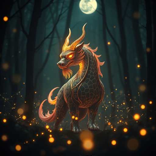 This digital artwork depicts a mythical creature resembling a dog, adorned with intricate scales and vibrant orange and yellow hues. The creature stands on all fours in a dark, dense forest, surrounded by tall, leafless trees. Its body is covered in a pattern of scales, with a prominent, flowing mane and beard. The creature's eyes are glowing orange, and it has two long, curved horns extending from its head. The scene is illuminated by a full moon in the top right corner, casting a silvery light over the forest. The ground is scattered with glowing orange dots, resembling fireflies or magical sparks, adding to the mystical atmosphere. The overall color palette includes shades of black, orange, yellow, and hints of blue, enhancing the otherworldly feel of the image.