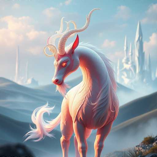 The image depicts a white unicorn with large horns and a long tail standing on a rocky hillside. The unicorn is facing the camera directly, giving an impression of being aware of its surroundings. In the background, there are two tall buildings that appear to be castle-like structures, suggesting a possible fairy tale or fantasy setting.