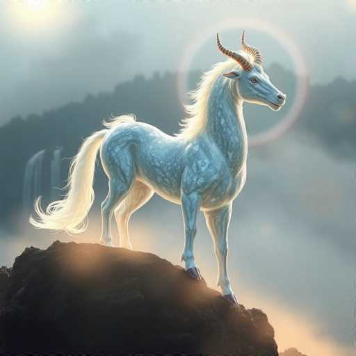 This image depicts a majestic white unicorn standing on a dark, rocky cliff. The unicorn's body is adorned with light blue and gray spots, giving it a unique, ethereal appearance. Its mane and tail are a brilliant white, flowing gracefully. The creature's most striking features are its two long, curved brown horns and its expressive brown eyes. The unicorn's hooves are black, contrasting sharply with its white legs. A luminous white ring hovers behind the unicorn's head, adding to its mystical aura. The background is a blend of gray and blue hues, with a faint outline of a mountain range and a waterfall on the left side. The sky is filled with clouds, and the sun is visible in the top left corner, casting a gentle light over the scene. The overall atmosphere is serene and enchanting, capturing the essence of this magical creature in a tranquil setting.