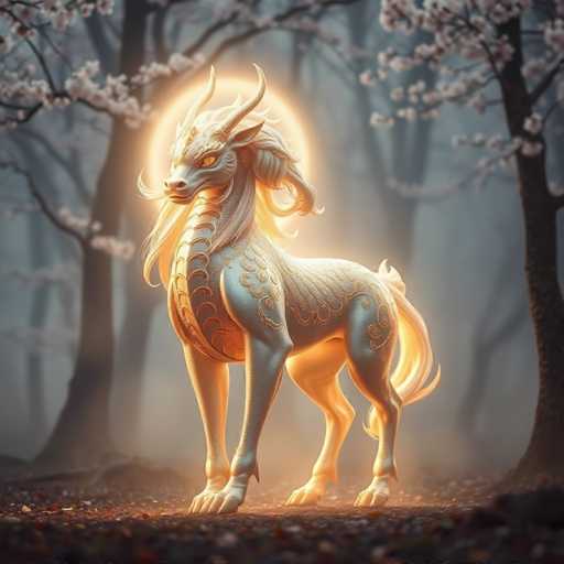 The image depicts a fantastical creature that appears to be a blend of various mythical animals, resembling a dragon, unicorn, horse, and goat. The creature stands in a forest setting with a ground covered in dirt and scattered leaves. Surrounding the creature are trees adorned with white flowers, adding to the mystical ambiance. The creature itself has a striking appearance with a grayish-blue body, adorned with intricate gold designs and scales. It features a long mane, a flowing tail, and prominent horns on its head. Its eyes are a vivid yellow, and it has whiskers on its face. The creature's body is covered in detailed patterns, including scales on its chest and back, and it has four legs with hooves. A glowing yellow light emanates from behind its head, creating a halo effect that enhances its otherworldly presence. The creature stands on all fours, gazing slightly to the left, with a serene yet powerful demeanor.