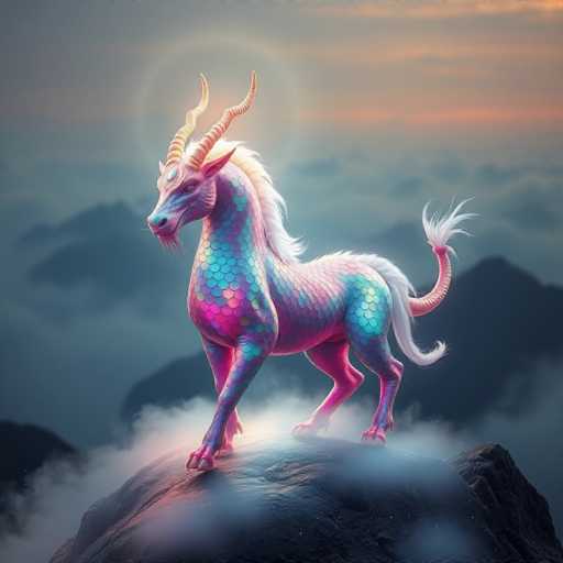This image depicts a fantastical creature that combines elements of a unicorn, horse, and dragon. The creature stands majestically on a rocky outcrop, surrounded by wispy clouds. Its body is adorned with shimmering scales in shades of pink, blue, and purple, giving it a magical, otherworldly appearance. The creature has a flowing white mane and tail, with the tail ending in a fluffy tuft. Its face features a horse-like muzzle with a beard, and it possesses two prominent, spiraling horns that curve backward. The creature's eyes are a deep, soulful brown, adding to its mystical aura. The background showcases a serene sky with hues of pink and blue, enhancing the ethereal quality of the scene. This enchanting image captures the essence of a mythical beast in a dreamlike setting.