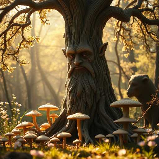 This detailed digital illustration depicts a whimsical, anthropomorphic tree character standing in a lush forest. The tree has a human-like face with a long, flowing beard and mustache, and pointed ears reminiscent of an elf. Its branches extend outward, adorned with small yellow flowers. At the base of the tree, a variety of mushrooms sprout from the grass, adding to the enchanting atmosphere. To the right of the tree, a brown bear stands, gazing at the tree with a curious expression. The background is filled with more trees, creating a dense forest setting. The overall scene is bathed in a warm, golden light, suggesting either sunrise or sunset, which enhances the magical and serene ambiance of the image.