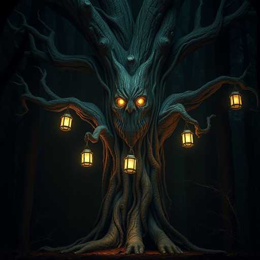 The image depicts a large tree with a face carved into its trunk and six lanterns hanging from it, creating an eerie atmosphere. The tree is situated in the center of the frame, surrounded by darkness that enhances the mysterious ambiance.