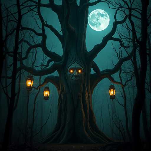 The image depicts an old tree with a face carved into its trunk and three lanterns hanging from it. The tree is surrounded by trees and bushes, creating a sense of depth and mystery in the scene.