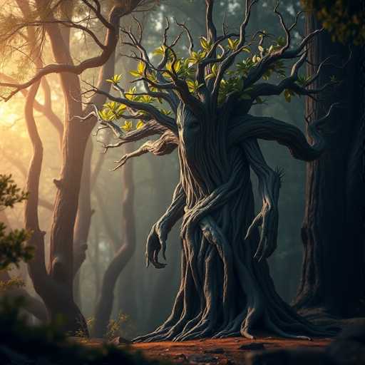 The image depicts a large tree with twisted and gnarled roots standing alone in the center of a forest. The tree has a thick trunk and numerous branches that extend outwards, creating an intricate network against the backdrop of the dense foliage surrounding it. The scene is bathed in soft light filtering through the canopy of trees above, casting dappled shadows on the ground below.