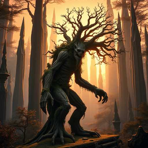 A colossal, ancient treant stands in a mystical forest bathed in the warm light of sunset. Its gnarled, moss-covered body is intertwined with thick roots, and its branches reach towards the sky like twisted arms. Tall, crystalline spires pierce the hazy atmosphere, casting long shadows across the scene. The overall style is hyper-realistic and fantastical, evoking a sense of awe and wonder.