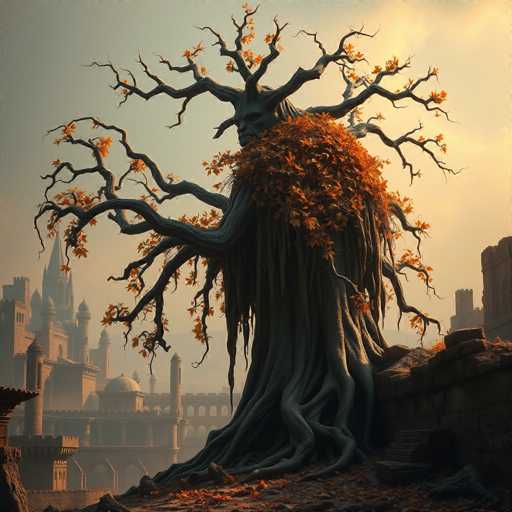 The image depicts a surreal, AI-generated scene featuring a colossal tree with a human-like face at its center. The tree's branches, adorned with vibrant orange leaves, extend outward in a chaotic manner, creating a striking contrast against the dark, shadowy trunk. The face, with its distinct nose, mouth, and eyes, appears to be gazing directly at the viewer, adding an eerie, lifelike quality to the scene. Surrounding the tree is a backdrop of ancient, brown stone buildings, reminiscent of structures from a bygone era. The sky above is a muted gray, with the sun casting a faint yellow glow from the right side, further enhancing the otherworldly atmosphere of the image.