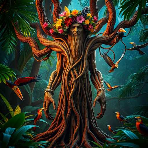 The image depicts a striking tree-like figure with a humanoid form, standing tall with a long, flowing beard and mustache. Its face is adorned with a vibrant headdress made of flowers and leaves, adding to its mystical appearance. The figure's arms are outstretched, revealing hands that are reminiscent of tree branches, complete with knuckles and fingers. Surrounding the figure are numerous birds, including toucans and parrots, which are perched on its branches and wings. The scene is set in a lush, tropical forest, with a dense backdrop of green foliage and a hint of blue sky peeking through the canopy. The overall atmosphere is one of enchantment and ancient wisdom, as if the figure is a guardian of the forest.