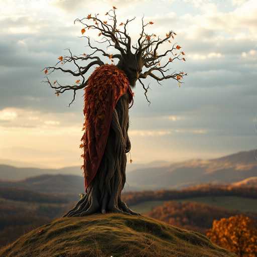 The image depicts a striking tree with a humanoid form, standing tall on a grassy hill. The tree's trunk is thick and gnarled, resembling a human body, with branches extending outward like arms. Its bark is a dark brown, almost black, and it has a beard-like growth at the base of its face. The tree's face is partially visible, with one eye and a nose, giving it a mystical appearance. Draped over its shoulders is a red, leafy cape that adds to its ethereal presence. The tree's branches are adorned with orange leaves, some of which have fallen onto the ground below. The background features a cloudy sky with hints of blue, and a range of mountains and hills that are slightly out of focus. The overall scene is set in a natural, outdoor environment, with the tree as the central focus, standing prominently against the muted landscape.
