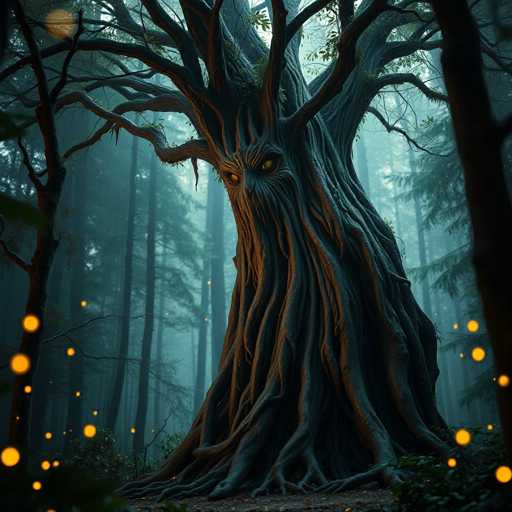 This image depicts a computer-generated, highly detailed scene of a large, ancient tree standing prominently in the center of a dense forest. The tree, with its dark grayish-brown bark, appears almost alive, featuring a face-like structure with yellow eyes and a nose carved into its trunk. Its branches spread out in all directions, creating a canopy that dominates the upper portion of the image. The forest around it is filled with tall, slender trees, some of which have green leaves while others are bare. The ground beneath the central tree is a mix of dirt and sparse grass, with small green bushes scattered nearby. Adding to the mystical atmosphere, numerous yellow circles of light float around the base of the tree, resembling fireflies or magical sparks. The overall color palette of the image is muted, with shades of gray, brown, and green, enhancing the eerie, otherworldly feel of the scene.