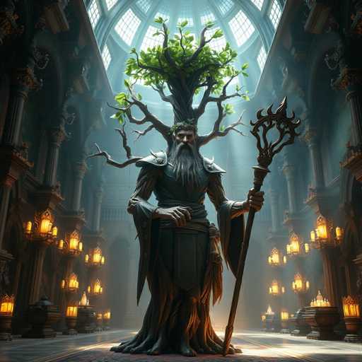 The image depicts a highly detailed, computer-generated scene of a mythical figure standing in the center of a grand, cathedral-like hall. The man, who appears to be a god or wizard, has a long, flowing gray beard and mustache, and wears a crown made of leaves. His attire includes a long, dark gray robe with a cape-like garment that extends to the floor, and his legs transform into tree roots. Emerging from his back are large, gnarled branches that form a tree-like structure, complete with green leaves at the top. He holds a staff in his left hand, which is topped with a trident-like symbol. The hall around him is adorned with numerous lit candles in candelabras and lanterns, casting a warm glow throughout the space. The architecture features tall, arched windows and columns, adding to the majestic and mystical atmosphere of the scene.