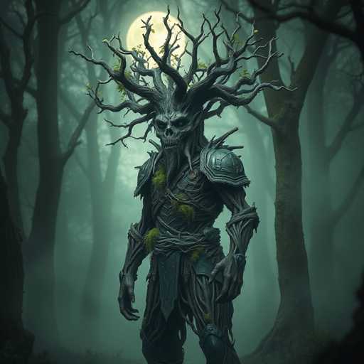 The image depicts a computer-generated, eerie forest scene with a large, full moon casting a greenish glow over the area. The background is filled with tall, leafless trees, their branches reaching upwards. In the center of the image stands a menacing creature that appears to be a fusion of a skeleton and a tree. This creature has a skull-like face with hollow eyes and a nose, and its head is adorned with numerous branches that extend outward like a crown. Its body is covered in moss and twigs, giving it a tree-like texture, and it wears armor made from the same organic material. The creature's shoulders are protected by metal shoulder pads, and it has a belt made of twigs and a skirt-like garment. Its hands are long and skeletal, adding to its sinister appearance. The overall atmosphere is dark and haunting, with the moonlight enhancing the spooky ambiance.