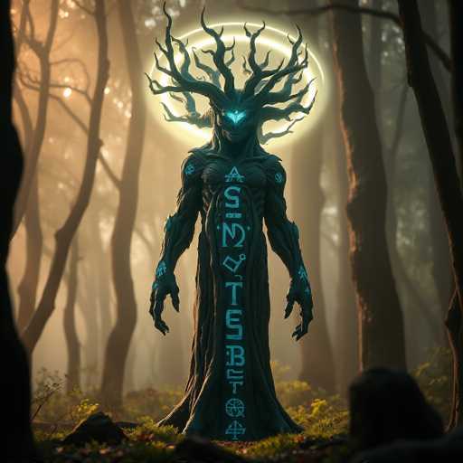 In this captivating image, a mythical creature stands prominently in the center of a dense forest. The creature, with a humanoid form, is composed of dark brown and black hues, resembling a tree trunk. Its head is adorned with numerous branches that extend outward, creating an intricate and mesmerizing pattern. The creature's eyes glow with a bright blue light, adding an otherworldly touch to its appearance. Its muscular arms are outstretched, and its hands are open, revealing more blue light emanating from within. The creature's chest features a series of mysterious symbols, including an 'A', 'S', 'M', 'T', 'E', 'B', and 'T'. A glowing white ring hovers behind the creature's head, enhancing its mystical aura. The surrounding forest is filled with tall, slender trees, their branches bare and stretching upwards, contributing to the enchanting and slightly eerie atmosphere of the scene.