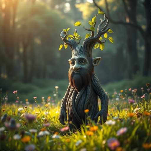 The image depicts a whimsical, computer-generated scene featuring a tree-like creature standing in a lush, grassy field adorned with a variety of colorful flowers, including pink, purple, and orange blooms. The creature, resembling a gnome or a tree spirit, has a humanoid face with a long nose, small eyes, and a straight-lined mouth. Its ears are pointed and stick out from the sides of its head, which is topped with branches that extend outward and bear green leaves. The creature's body is composed of twisted, rope-like branches that form its arms, torso, and legs. The background is a blurred forest with tall trees, adding depth to the scene. The overall image has a slightly surreal, AI-generated quality, with the creature's face appearing somewhat unnatural and its body parts blending together in a way that suggests it was created using advanced digital art techniques.