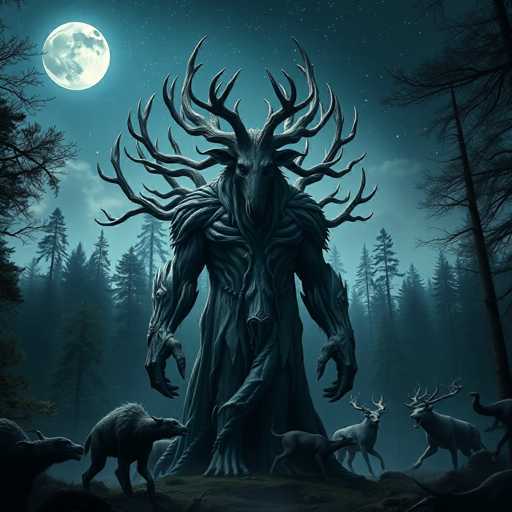 The image depicts a dark, eerie forest scene under a night sky illuminated by a full moon. At the center stands a colossal, humanoid creature with a tree-like body, featuring a face with a long nose and dark eyes. Its massive arms, ending in sharp claws, are raised menacingly. The creature's head is adorned with an intricate array of antlers that branch out in all directions, resembling a crown. Surrounding this monstrous figure are several animals: a bear to the left, two deer to the right, and a wolf-like creature with horns. The forest is dense with tall, dark trees, adding to the overall ominous atmosphere. The color palette is dominated by deep blues, blacks, and grays, enhancing the haunting mood of the scene.