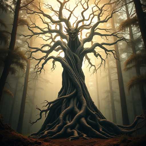 The image depicts a dark, eerie forest scene dominated by a sinister tree at its center. This tree, with its twisted, gnarled branches and exposed roots, appears almost alive. The branches extend outward like arms, each ending in sharp, menacing claws. At the top of the tree, where one might expect leaves, there is instead a grotesque, demonic face with a wide-open mouth, sharp teeth, and horns protruding from its head. The face is surrounded by what looks like a mane of hair, adding to its menacing appearance. The tree stands on a patch of brown dirt, contrasting with the surrounding tall, slender trees that have sparse foliage. The background is shrouded in a misty fog, with sunlight filtering through the trees, casting an eerie glow on the scene. The overall atmosphere is unsettling, with the dark tree emerging ominously from the misty forest.