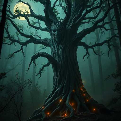 The image depicts a dark, eerie forest scene dominated by a massive, ancient tree at its center. This tree, with its gnarled and twisted branches, appears to be a living entity, its bark resembling a face with eyes, a nose, and a beard. The tree's branches extend in all directions, creating a chaotic and menacing silhouette against the night sky. Surrounding the central tree are several other tall, leafless trees, adding to the desolate atmosphere. The ground is covered in dirt, with sparse patches of grass and weeds scattered around. A full moon glows faintly in the top left corner, casting a dim light over the scene and highlighting the tree's eerie features. The overall color palette is dominated by shades of black, gray, and dark green, with the only other colors being the warm, orange lights emanating from the tree's roots, suggesting a mystical or supernatural presence. The image is devoid of any text, focusing solely on the haunting visual elements to convey its spooky and mysterious mood.
