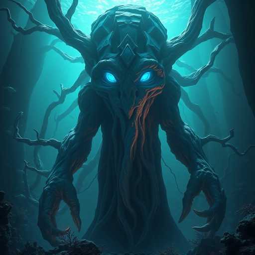 The image depicts a dark, eerie forest scene with a large, menacing tree-like creature at its center. The creature has a humanoid form with a long, trunk-like body and two massive arms ending in sharp claws. Its head is adorned with a crown-like structure, and it has glowing blue eyes that pierce through the dim light. The creature's face features a beak-like nose and a mouth that appears to be made of twisted vines. Extending from its head are numerous branches or tentacles that reach out in various directions, adding to its sinister appearance. The background is a deep blue, suggesting a nighttime setting, with additional trees and branches visible but shrouded in darkness. The overall atmosphere is haunting and foreboding, with the creature seemingly emerging from the misty depths of the forest.
