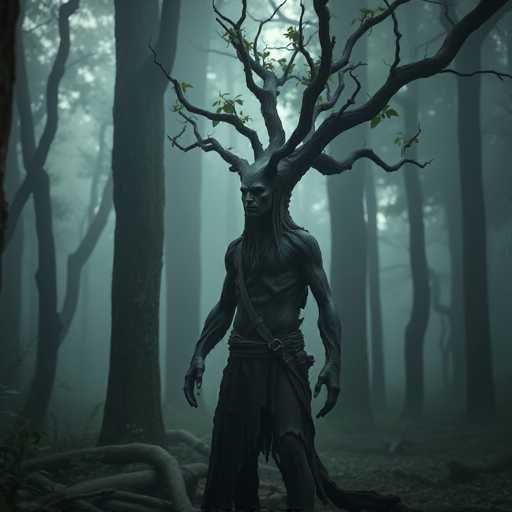In this detailed and atmospheric image, a striking tree-like humanoid figure stands prominently in the center of a dense forest. The creature, with its dark gray to black skin, has a head that seamlessly transitions into a tree trunk, adorned with branches extending from the sides and top. Its face, marked by hollowed-out eyes and a long beard, exudes an eerie, otherworldly presence. The humanoid's muscular arms and torso are partially covered by a tattered loincloth and a sash that wraps around its waist and chest. The forest around it is thick with tall, dark trees, their branches reaching skyward, and the ground is littered with fallen leaves and branches. The scene is enveloped in a misty fog, adding to the mysterious and haunting ambiance.