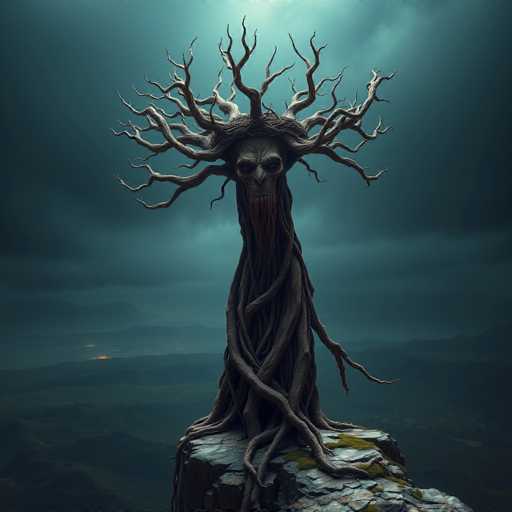 The image depicts a haunting, computer-generated scene of a sinister tree-like creature perched atop a rocky outcrop. The creature's body is composed of intertwined, gnarled branches that twist and turn, creating a sense of malevolence. Its face, resembling a skull, features hollow eyes and a gaping mouth, adding to its eerie presence. Atop its head, a crown of branches extends outward, reminiscent of Medusa's serpentine headdress. The creature stands against a backdrop of a dark, stormy sky, with distant mountains and a small, illuminated city nestled in a valley below. The overall atmosphere is foreboding and unsettling, with the creature's malevolent expression and the ominous setting amplifying the sense of dread.
