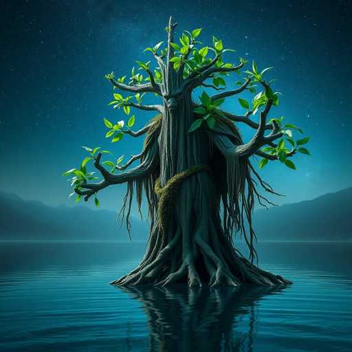 The image depicts a large tree with a twisted trunk and numerous branches extending outwards. The tree is situated on the water's surface, surrounded by a serene blue-green body of water that reflects its surroundings. The sky above is dark and cloudy, creating an atmosphere of mystery and tranquility.