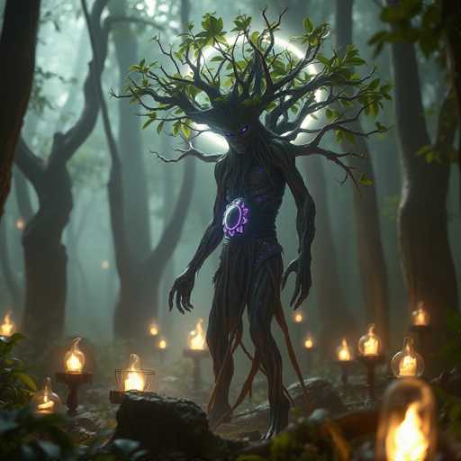 The image depicts a computer-generated, eerie forest scene with a central humanoid figure that appears to be a fusion of a tree and a human. This creature, with glowing blue eyes and a mouth, has a torso and limbs made of tree branches, and its head is adorned with branches and leaves. The figure stands on a rocky surface, surrounded by numerous glowing lanterns that cast a yellow light, creating an otherworldly atmosphere. The background features a dense forest with tall trees, some of which are illuminated by the lanterns. A white, glowing ring hovers behind the creature's head, adding to the mystical and unsettling ambiance of the scene.