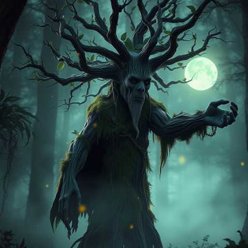 The image depicts a computer-generated, eerie forest scene at night, dominated by a central tree-like creature with a humanoid face. The creature's face, with hollowed eyes and a long beard, appears to be made of bark, blending seamlessly with its moss-covered body. Its left arm is raised, as if casting a spell, while its right arm hangs down. The creature's branches extend outward, resembling a crown, and are adorned with sparse leaves. The background features a dark, foggy forest with tall trees, and a full moon casts a greenish glow over the scene. The overall atmosphere is haunting and mysterious, with the creature appearing to be a guardian of the forest.