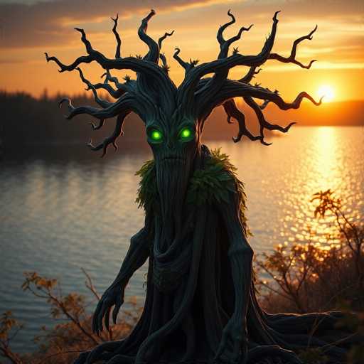 The image depicts a fantastical tree-like creature with a humanoid form, standing prominently in the foreground. This creature has a face with glowing green eyes and a mouth, and its body is composed of intertwining branches and roots that form arms and legs. Its head is adorned with numerous branches extending outward, resembling hair. The creature is positioned on a grassy bank beside a large body of water, which could be a lake or a river. The background features a serene sunset, with the sun setting on the right side of the image, casting a warm glow over the scene. The sky is filled with clouds, and the water reflects the golden light of the setting sun. On the left side of the image, there is a dense forest, adding to the mystical atmosphere. The overall scene is a blend of natural and supernatural elements, creating a captivating and otherworldly landscape.