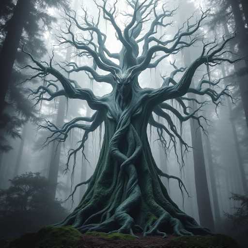 The image depicts a hauntingly beautiful, computer-generated scene of a large, gnarled tree standing prominently in the center of a dense forest. The tree, with its twisted branches and moss-covered roots, appears almost alive, as if it could be a creature from a fantasy world. Its branches spread out in all directions, creating an intricate, almost ethereal structure. The tree's bark is a dark green, and its branches are adorned with what looks like vines or moss, adding to its mystical appearance. The tree's face, with two eyes and a nose, seems to stare directly at the viewer, giving it an eerie, sentient quality. Surrounding the central tree are tall, slender trees with green leaves, shrouded in a thick fog that adds to the overall mysterious and slightly ominous atmosphere. The ground beneath the tree is a mix of dirt and patches of green grass, with some rocks visible. The entire scene is rendered in shades of green, gray, and black, enhancing its otherworldly and slightly scary feel.