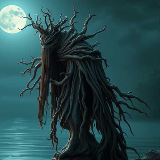 The image depicts a dark, eerie scene set against a backdrop of a dark blue sky with a full moon in the upper left corner, casting a dim light over the scene. Below the sky, a body of water stretches out, reflecting the moonlight. In the foreground, a menacing creature stands on a small rock. This creature is a grotesque fusion of a humanoid figure and a tree, with its body composed of twisted branches and roots. Its face is obscured by long, brown strands that resemble vines or roots, hanging down like a beard. The creature's head is adorned with numerous branches that extend outward like horns or antlers. Its arms are also made of branches, ending in sharp claws, and its feet are similarly rooted, with long, pointed toes. The overall atmosphere is haunting and unsettling, with the creature appearing to be a nightmarish entity from a dark fantasy or horror setting.