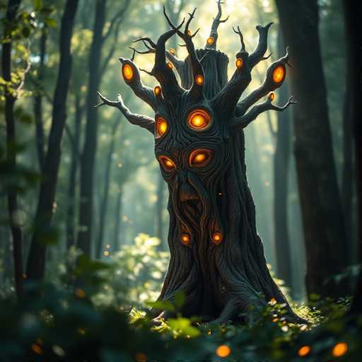 The image depicts a fantastical tree with a humanoid face, situated in a dense forest. The tree's bark is dark gray, and its branches extend outward, each adorned with glowing orange lights. The face of the tree features two large, oval eyes, a smaller oval nose, and a mouth with a tongue hanging out. Additional glowing orange lights are positioned on the chin and beneath the chin. The tree stands on a grassy area, surrounded by tall, slender trees with green leaves. Sunlight filters through the canopy, casting a warm glow on the scene. The overall atmosphere is mystical and enchanting, with the tree appearing almost alive and animated.