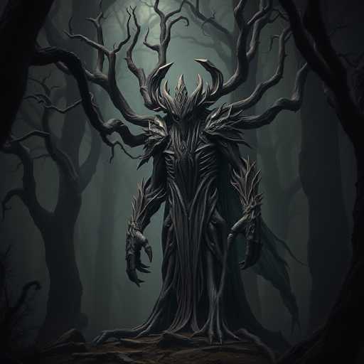 The image depicts a dark, eerie forest scene with a menacing creature at its center. The creature, which appears to be a fusion of a humanoid and a tree, stands tall with a body made of twisted branches and roots. Its head is adorned with large, curved horns that resemble antlers, and it has small, dark eyes that peer out from beneath a canopy of leaves. The creature's arms are long and spindly, ending in sharp claws, while its legs are similarly thin and rooted, with branches extending from its feet.

The creature's attire includes a flowing, tattered cape that billows behind it, adding to its ghostly appearance. Its entire form is a dark gray, almost black, blending seamlessly with the shadowy forest around it. The background is filled with tall, leafless trees that stretch upwards, their bare branches reaching into the misty, gray sky. The ground beneath the creature is a mix of dirt and scattered leaves, contributing to the overall desolate and haunting atmosphere of the scene.
