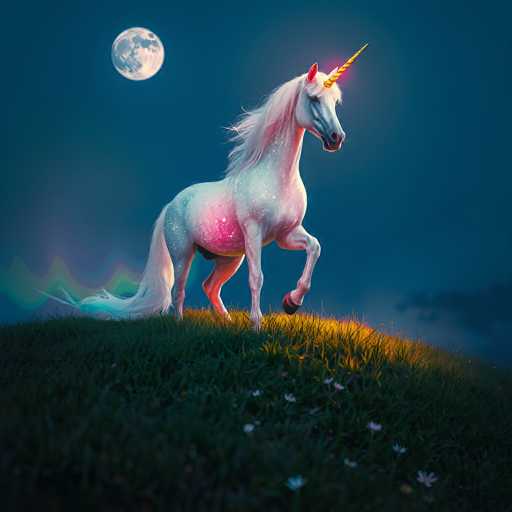 This image depicts a computer-generated, fantasy scene featuring a majestic unicorn standing on a grassy hill. The unicorn, predominantly white with a pinkish hue on its belly, has a flowing mane and tail that blend shades of white and pink. Its golden horn, adorned with a pink glow, points towards the top right corner of the image. The unicorn's left front leg is raised, and it gazes towards the right side of the frame. The grassy hill beneath the unicorn is a mix of green and yellow, dotted with small white flowers. The sky above is a deep blue, transitioning to a lighter blue near the horizon, and features a full moon with a bluish tint in the top left corner. The overall scene is bathed in a soft, pinkish light, enhancing the magical atmosphere.