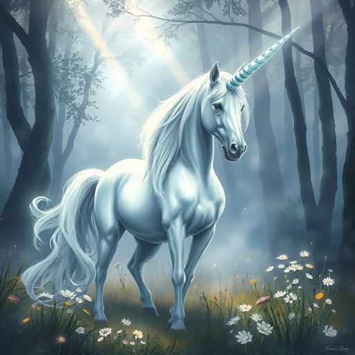 This detailed illustration depicts a majestic white unicorn standing in a lush, grassy field adorned with a variety of flowers, including white daisies, pink and yellow blooms, and some with orange centers. The unicorn, with its long, flowing white mane and tail, is positioned centrally in the image, facing slightly to the right. Its muscular build is accentuated by the light reflecting off its body, giving it a shimmering appearance. The unicorn's most striking feature is its spiraled blue and white horn, which extends from its forehead to the tip. The background reveals a dense forest with tall, dark trees, some of which have branches reaching out over the unicorn. Sunlight filters through the trees, casting a warm glow on the scene. The overall atmosphere is serene and enchanting, with the unicorn appearing to be in a moment of quiet contemplation as it gazes into the distance.