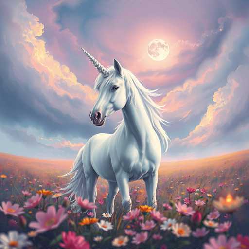 The image depicts a white unicorn standing in a field filled with pink and orange flowers. The unicorn is facing the camera directly, giving a clear view of its majestic presence. The background features a sky painted in shades of purple and blue, with clouds scattered across it. A full moon can be seen in the top right corner of the image.