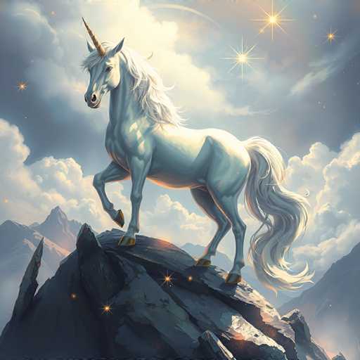 This detailed illustration depicts a majestic white unicorn standing on a jagged, dark gray rock that juts out from a mountainous landscape. The unicorn, with its muscular build and long, flowing white mane and tail, is positioned in a side profile, facing left. Its golden, spiral horn gleams on its forehead, and its golden hooves add a touch of regal elegance. The creature's head is slightly turned towards the viewer, showcasing its expressive eyes and a closed mouth. Surrounding the unicorn, the sky is a blend of dark blue and gray hues, filled with fluffy white clouds. The scene is illuminated by a radiant light source behind the unicorn, casting a warm glow over its form. In the background, additional mountain peaks are visible, enhancing the sense of grandeur. The sky is adorned with numerous stars, including a particularly large one near the top right corner, and a crescent moon is partially visible, adding a mystical touch to the enchanting scene.